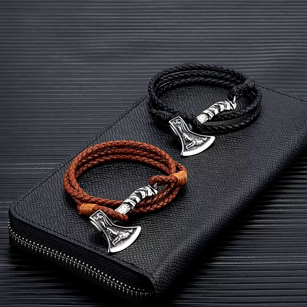 Viking Axe Wolf Raven Braided Leather Bracelet Nordic Valknut Amulet Bracelet For Men Women Exclusive Fashion Jewelry Accessory