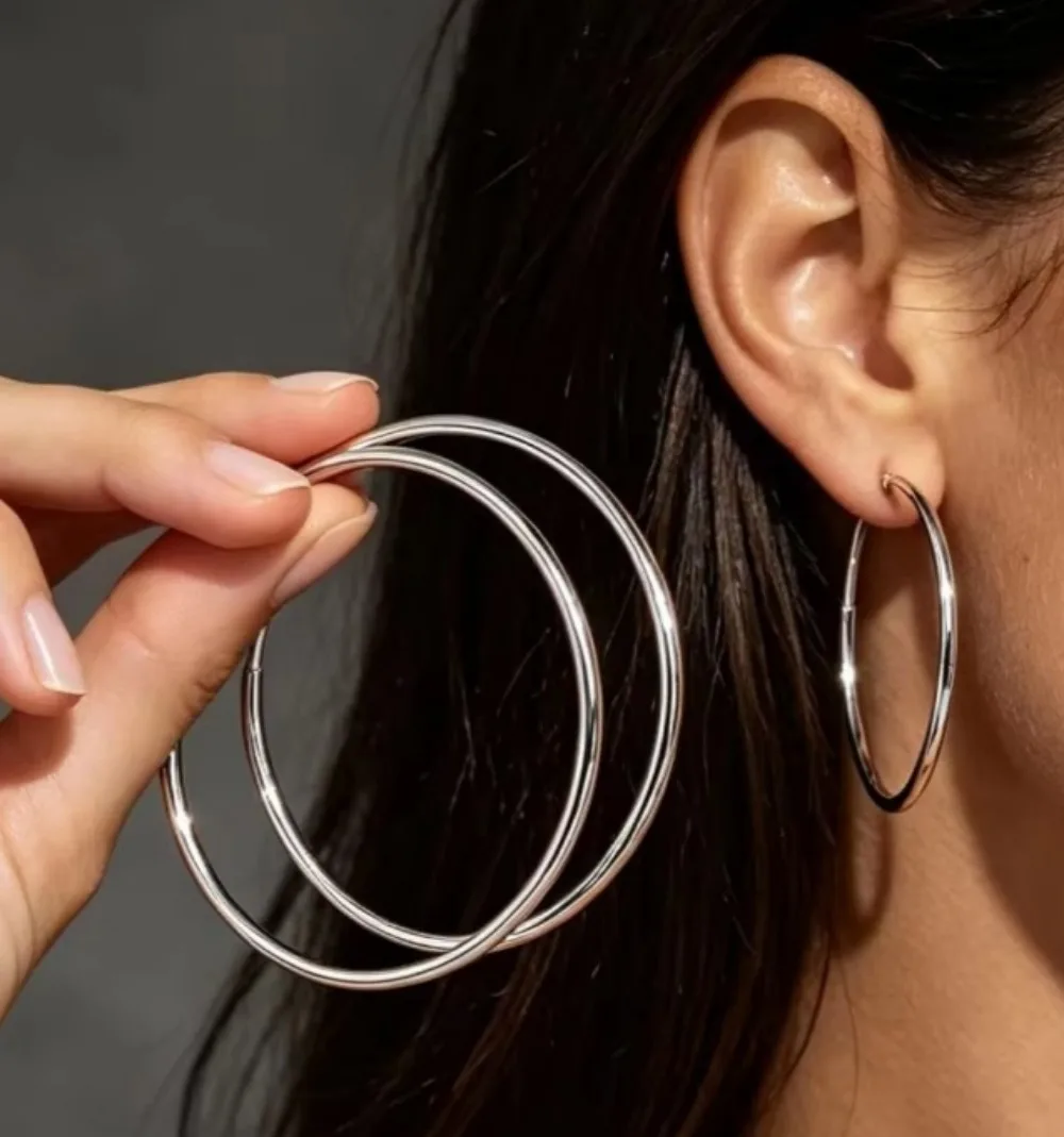 Silver Round Hoop Earrings for Women, 50/60mm Fashion Charm Ear Jewelry, Wedding Engagement Party Holiday Gift