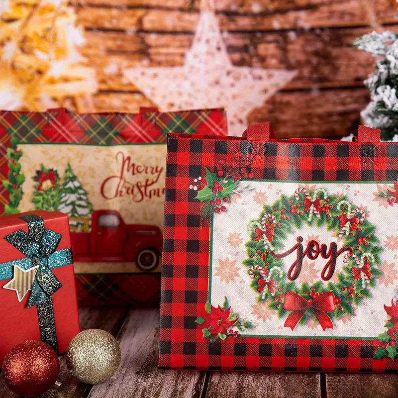 

12pcs Christmas Gift Boxes Party Bag Non Woven Fabric Candy Box For Xmas Checkered Cartoon Christmas Reindeer Hand-Held Gift Bag