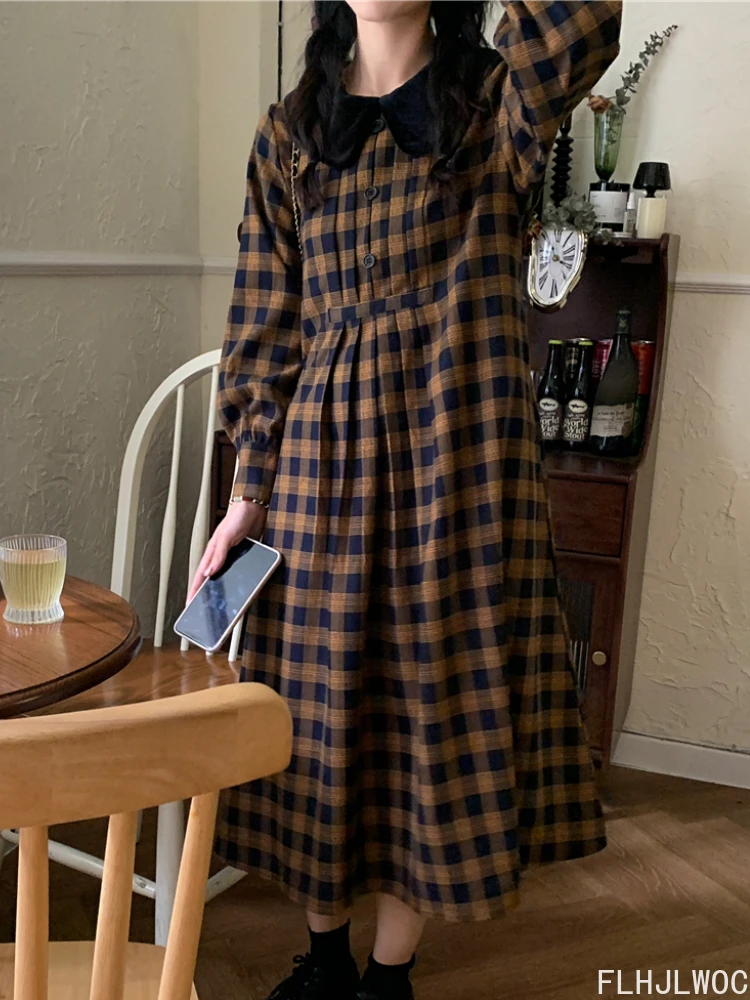 Vestido camisero a cuadros con botones para mujer, ropa básica gruesa, estilo coreano y japonés, Retro, Vintage, lindo, para Fecha de Año Nuevo, Otoño e Invierno