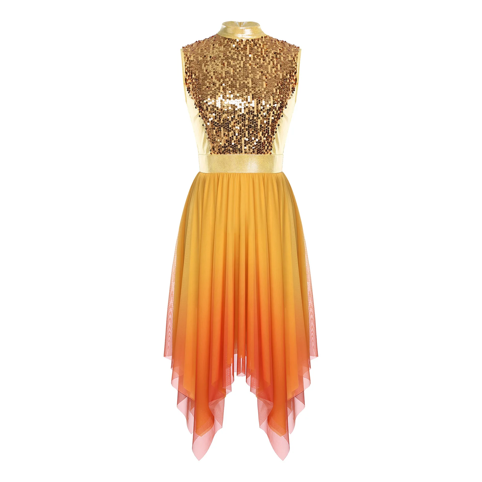 Glittery Sequined Liturgical Modern Dance Dress for Women Gradient Mesh Irregular Hem Dress Praise Worship Lyrical Dancewear