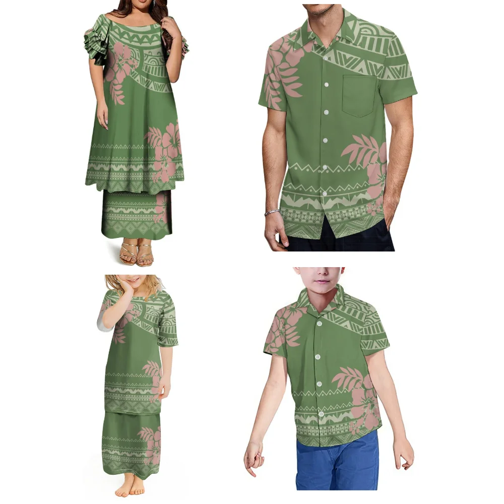 

Summer New Puletasi Women'S Suit Dress Polynesian Retro Loose Butterfly Sleeve Long Dress Custom Family Men'S Shirt