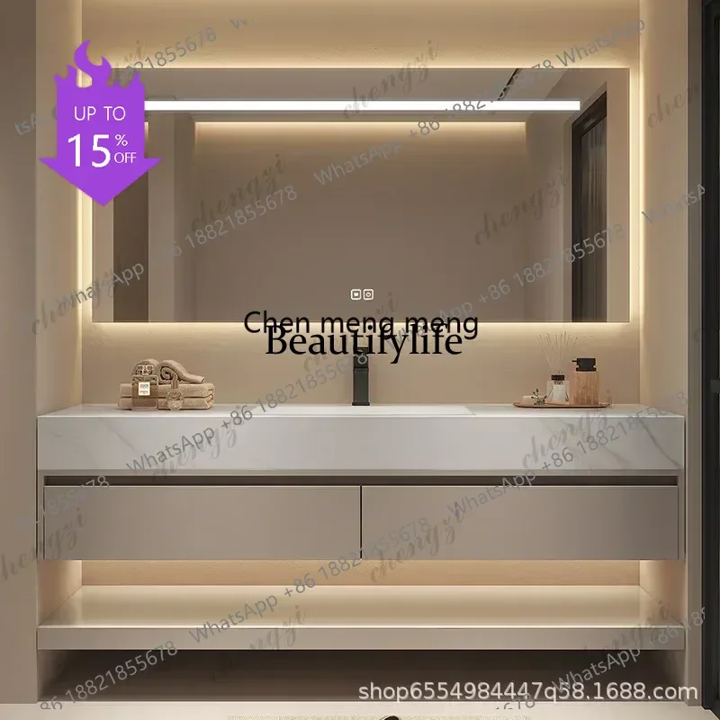 03A Modern Floating Vanity Bathroom Slate Integrated Basin Wall Mounted Bathroom Storage Cabinet Single Set Bathroom Vanity Sink