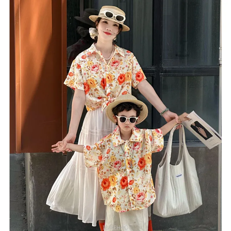 

Beach Family Vacation Floral Shirts Holiday Flower Clothes Father Mother and Daughter Son Holiday Parent-child Matching Clothing
