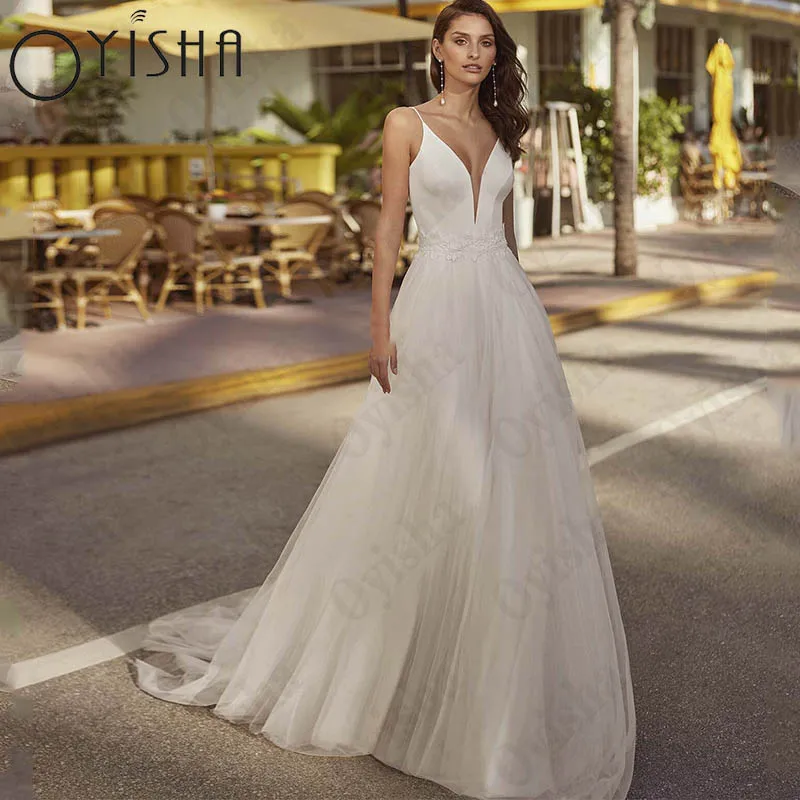 

Oyisha Spaghetti Straps Satin Wedding Dress Sexy V-Neck Tulle Bride Party Sleeveless Open Back A-Line Robe De Mariée Custom Made