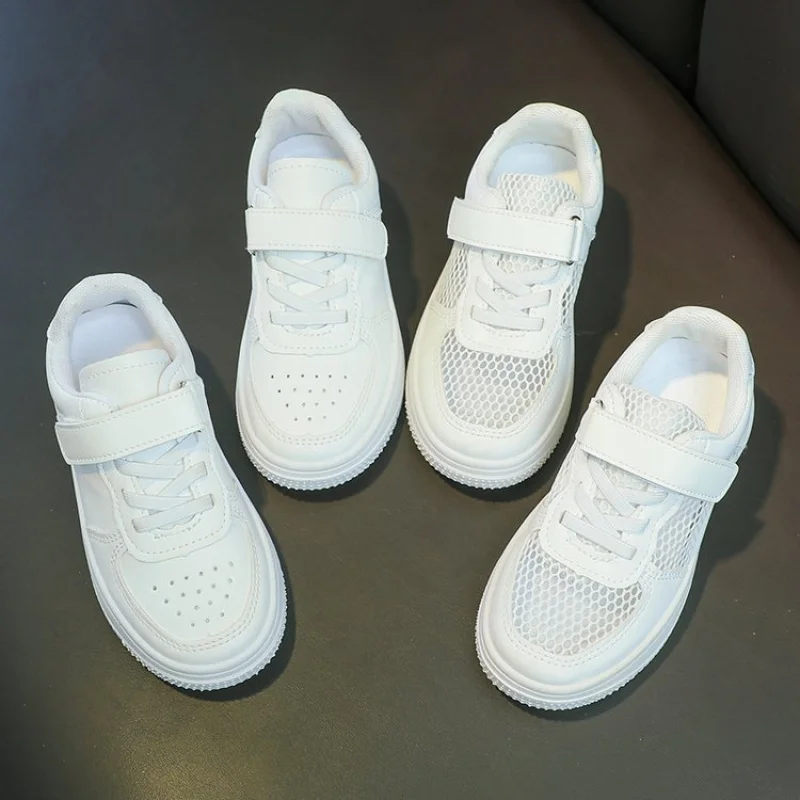 

Children's White Casual Shoes for Campus&School Kids–Hollow-out Breathable Baby Slip-ons, Leather&Mesh Versions, Casual Footwear