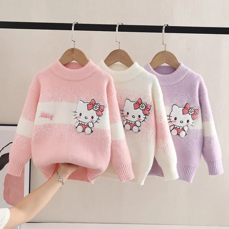 

Sanrio Hello Kitty Girl Sweater Fall Winter Thickening Long Sleeves Tops Keep Warm Kawaii Anime Fashion New Children Clothing