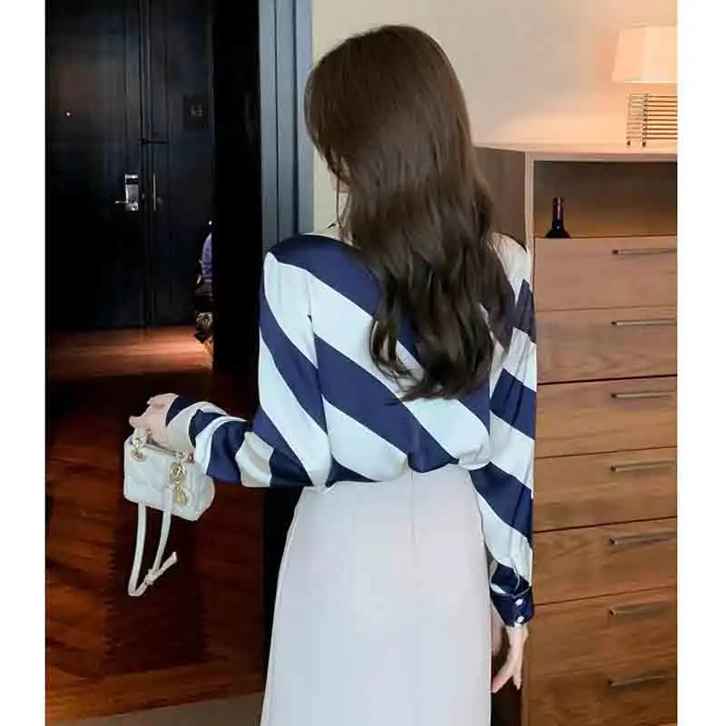 Korean Fashion Women Clothing Chiffon Striped Shirt Spring Summer Youth Chic Pretty Loose Elegant Office Lady Long Sleeve Blouse