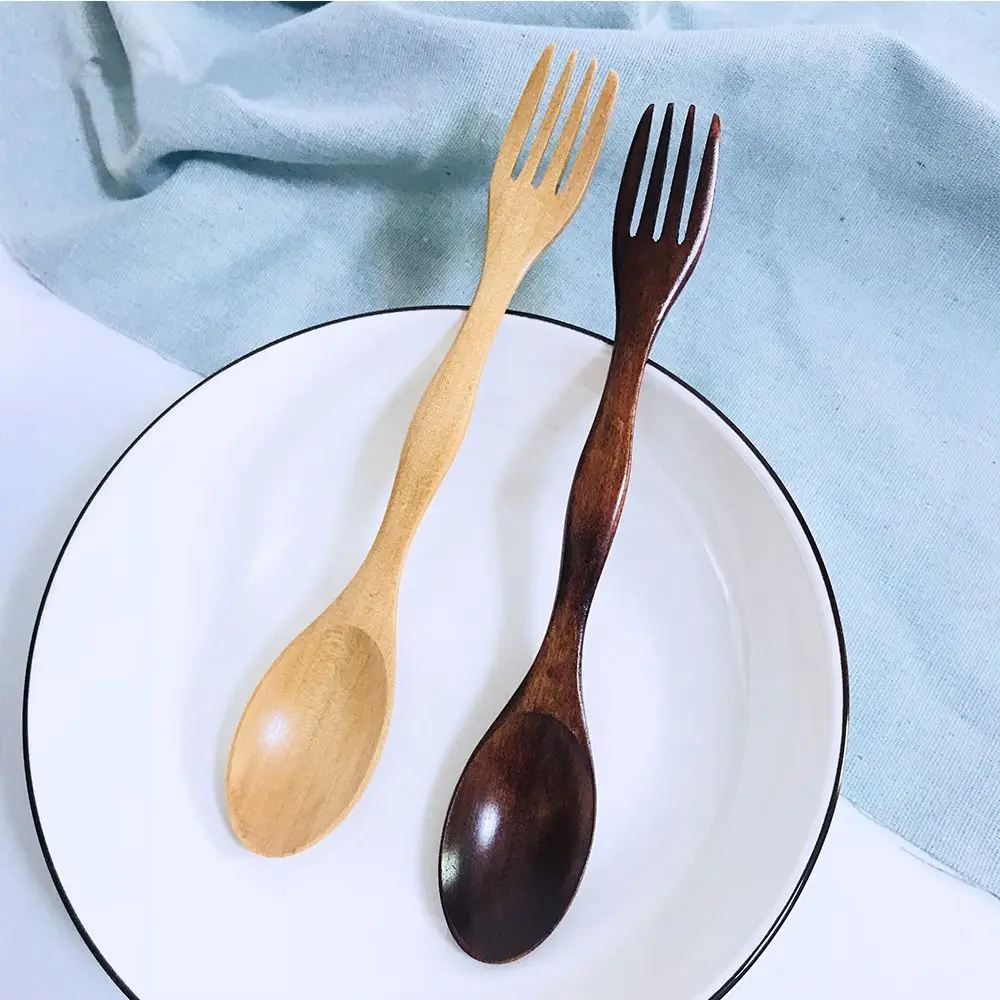 2 in1 Natural Wood Cutlery Dual Head Soup Spoon Fork Dinner Tableware Set Creative New Kitchen Flatware