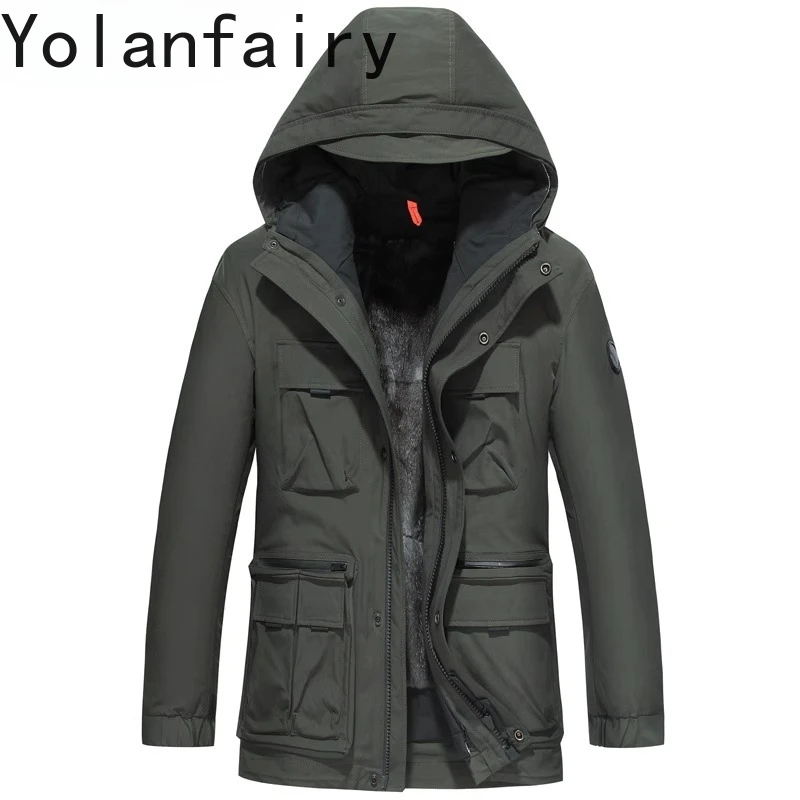 YOLANFAIRY Real Fur Parkas Man Hooded Winter Detachable Rex Rabbit Fur Liner Coat Men Mid-length Warm Natural Fur Jacket Parka