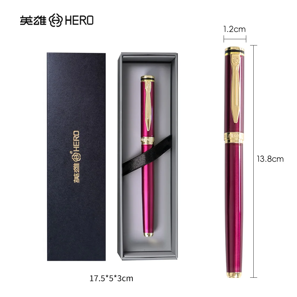 Ruby Red HERO 6177 Fountain Pen All Metal Piano Lacquer Iridium Nib Dual Use Ink System Smooth Writing Elegant Business Signatur