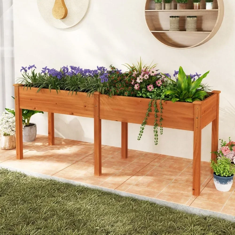

Raised Garden Bed with Legs, Elevated Planter Box with Divider & 8 Drainage Holes, Fir Wood Garden Box for Vegetables, Flowers,