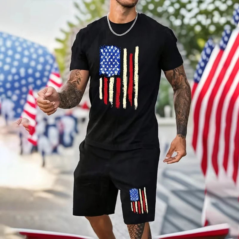 

100% Cotton Summer New Men's Suit Usa Print Pattern Casual Fashion T-shirt Shorts Two-piece Set Trend Harajuku Mens Clothes
