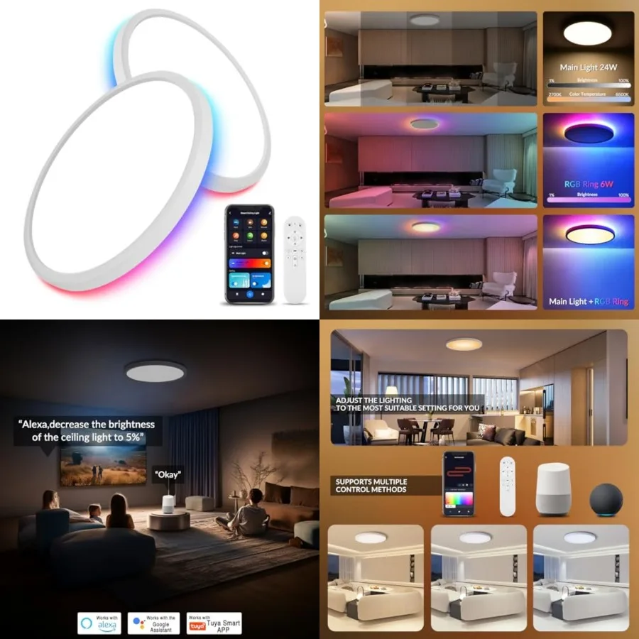 

2 Pack Smart RGB LED Ceiling Light with Remote, 12" WiFi Flush Mount Ceiling Light Works with Alexa and Google Home, 24W=2640LM
