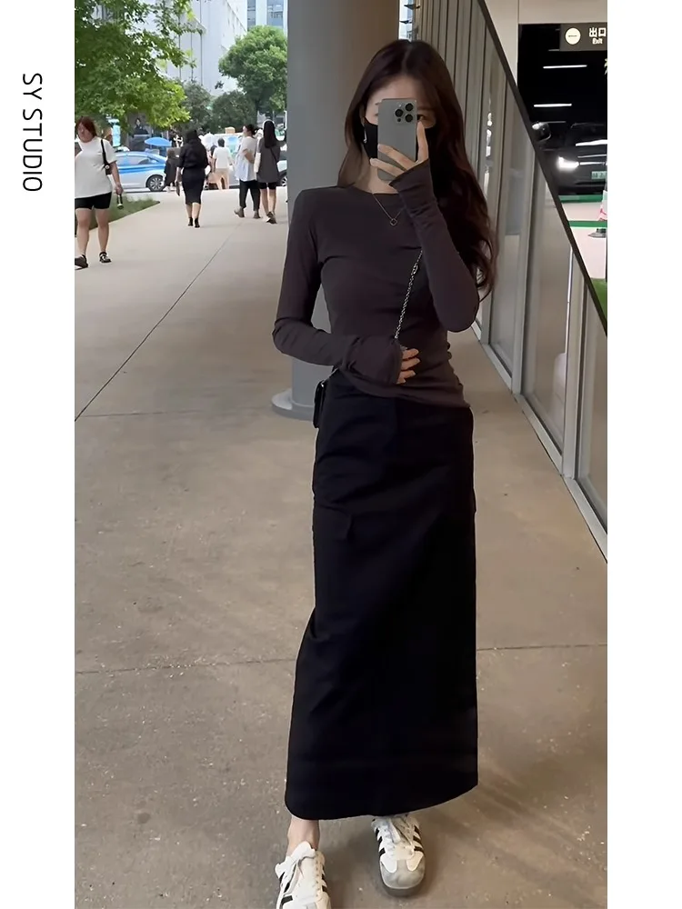 Elegant Long Sleeve T-Shirt And Mid-Length Split Skirt Two-Piece Set for Early Autumn Slimming Effect Stylish Fashion Ensemble