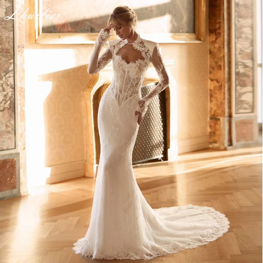 Lhuilier Customized Strapless Lace Mermaid Wedding Dresses Illusion Bridal Gowns with Removable Lace Jacket