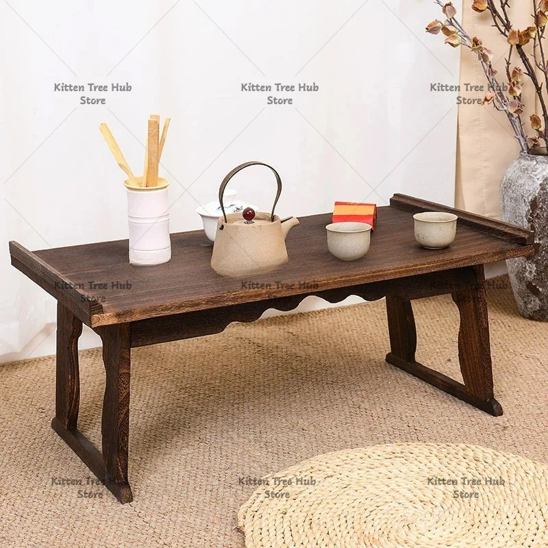 Collapsible Japanese-Style Low Table, Traditional Style Brown Finish, Bay Window Low Sitting On the Floor Table Tray