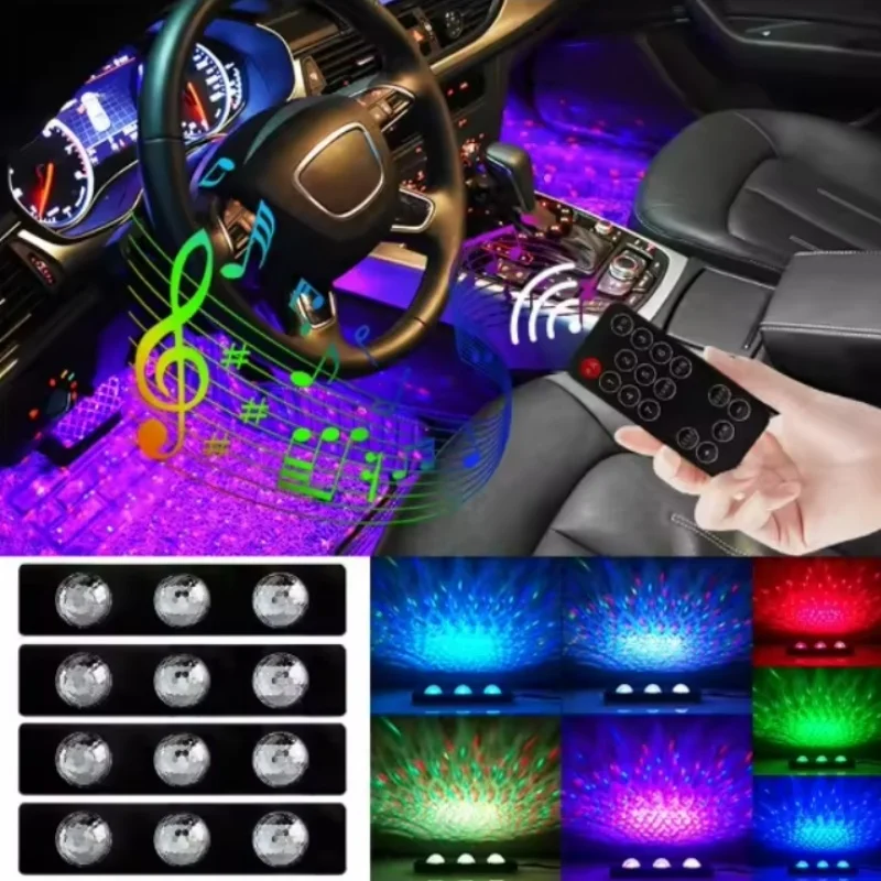 

4 шт., светодиодные многоцветные RGB-ленты для салона автомобиля, декоративные атмосферные лампы, USB беспроводные с музыкой, окружающее освещение, автомобильное освещение