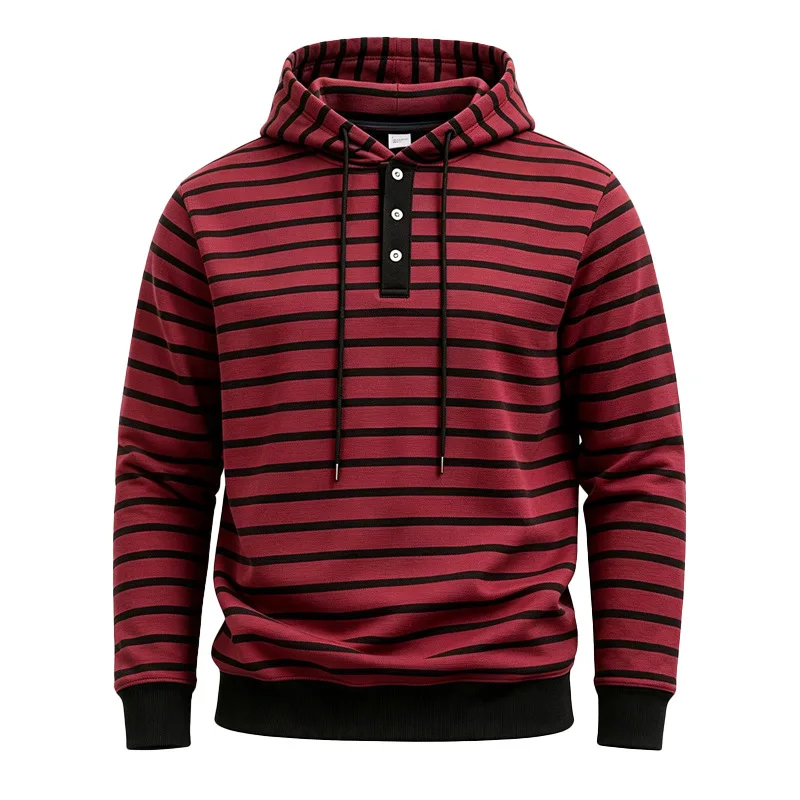 Men Horizontal Striped Henley Hoodie, 3 Buttons Placket Drawstring Hood Pullover Sweatshirt, Long Sleeve Casual Daily Wear Hoode