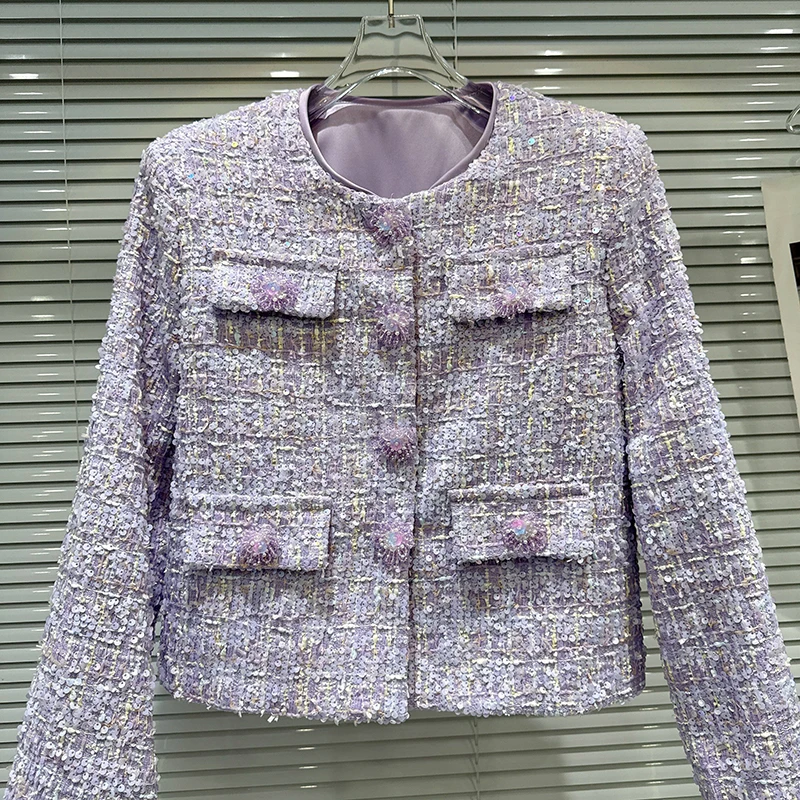 2026 Spring New French style Small Fragrant Style Coat Women's Beaded Water Diamond Button Purple Coarse Floral Short Coat