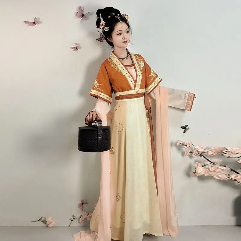 

‌Tang Dynasty Hanfu Ladies Set - Women's Round Collar Double-Breasted High-Waisted Tang Beizi, Reproduction Costume Outfit