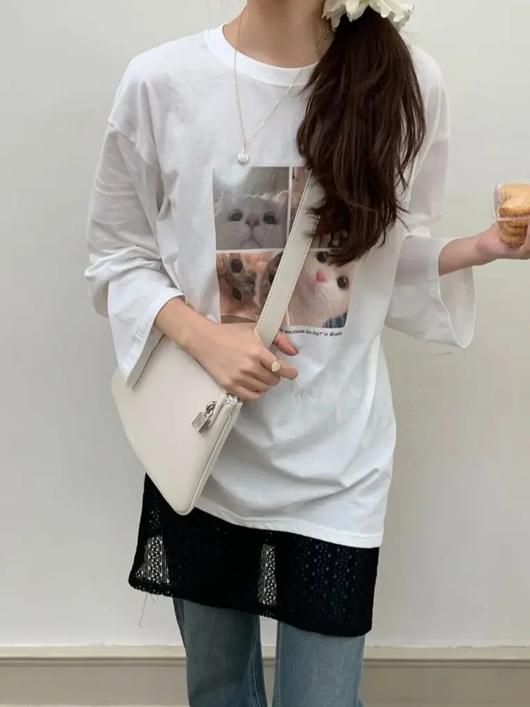 Alien Kitty White Oversize T-Shirts Women Chic Printed Cats New Loose Spring All Match 2025 Daily Full Sleeve Sunscreen Tees