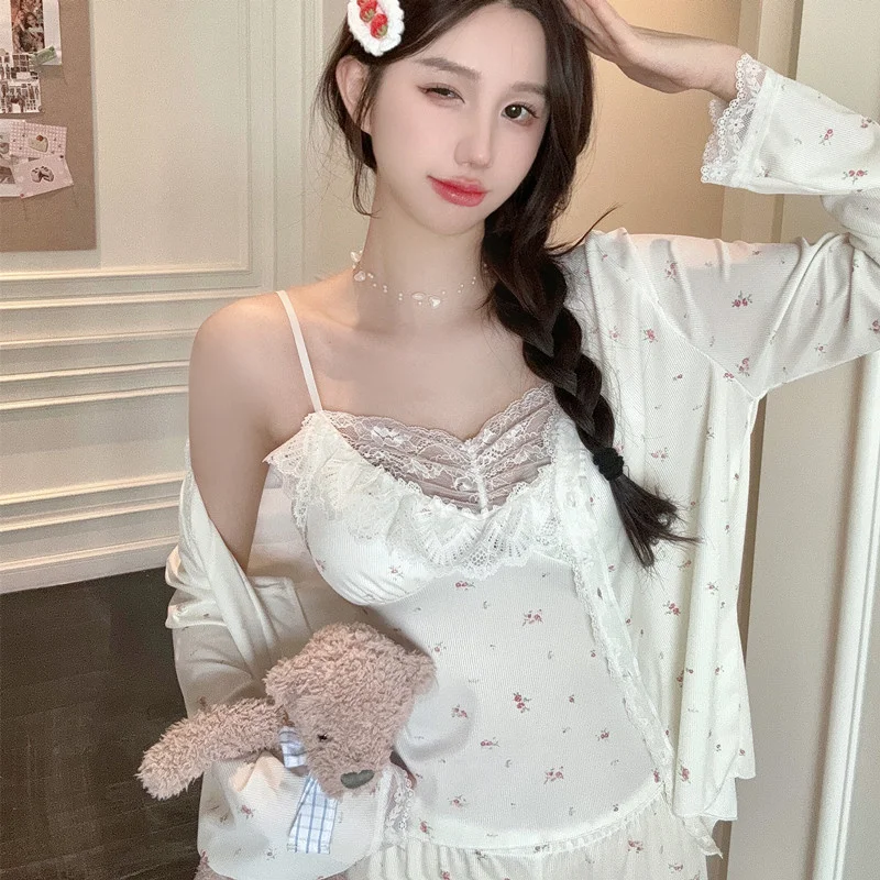 

Women Sweet Floral Sling Pajama Sets Soft Modal Sleepwear Spring Summer New Comfort Elegant 3 Pieces Sets Lace Trim Home wear