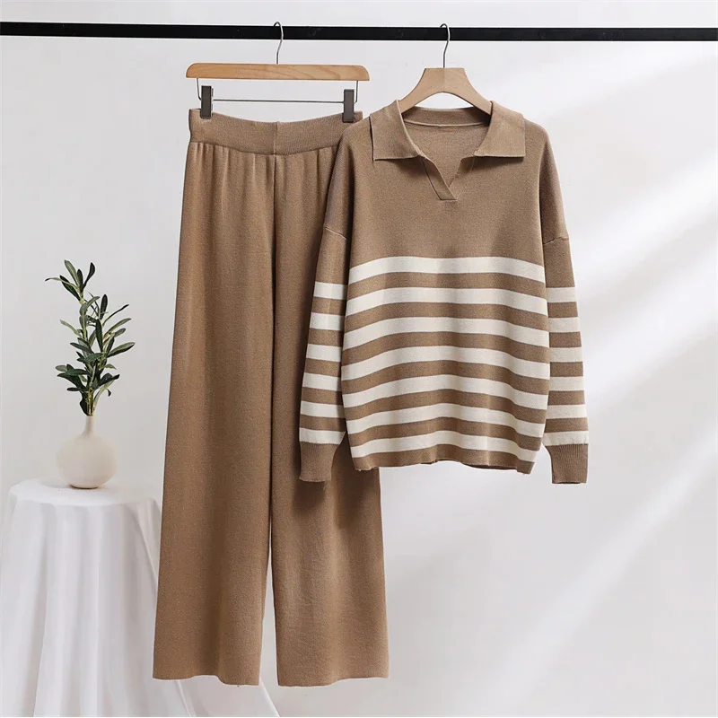 Casual Striped Knitted Two Piece Set Korean Loungewear Polo Sweater Matching Set Women Winter 2 Piece Knit Pants Set For Women