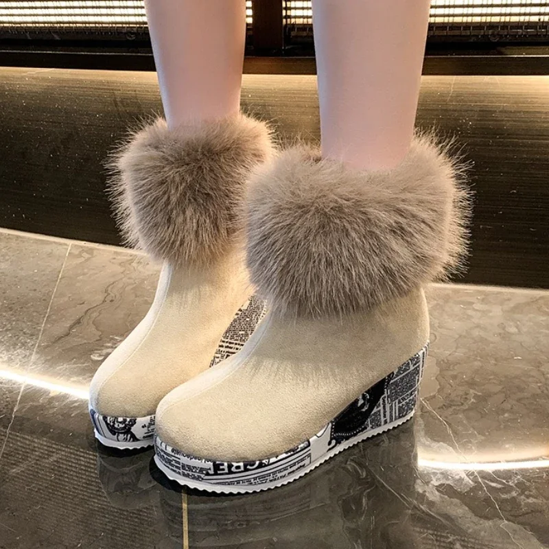 

Fur Women Wedges Platform Ankle Boots Fashion High Heels Shoes Designer 2025 Trend Winter New Snow Boots Party Pumps Botas Mujer
