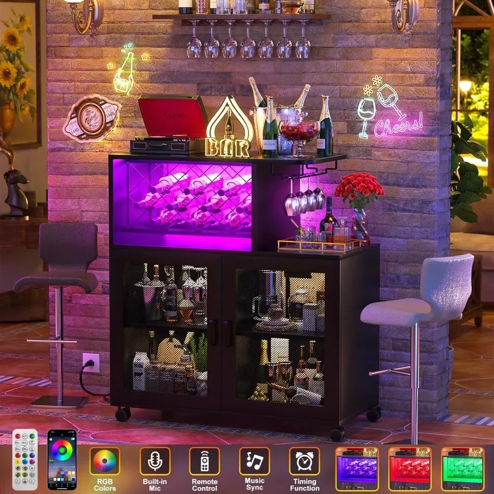 Bar Cabinet, Small Liquor Cabinet with LED Light, Home Bar Cart with Power Outlets, Coffee with Wine Rack, Bar Cabinet