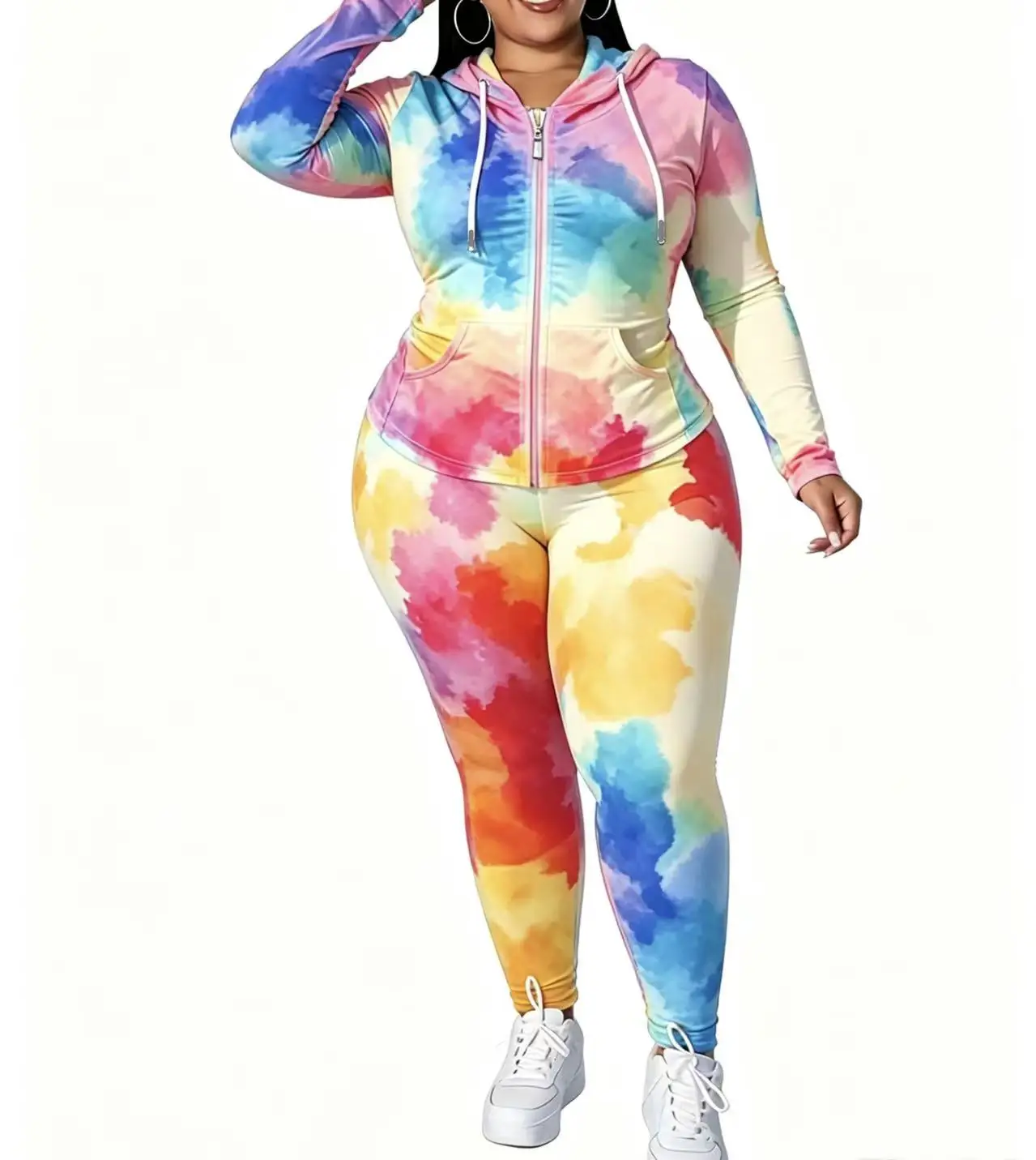 Plus Size Women Tie Dye 2 Piece Outfit Set, Zip Up Hooded Jacket + High Waist Leggings Tracksuit