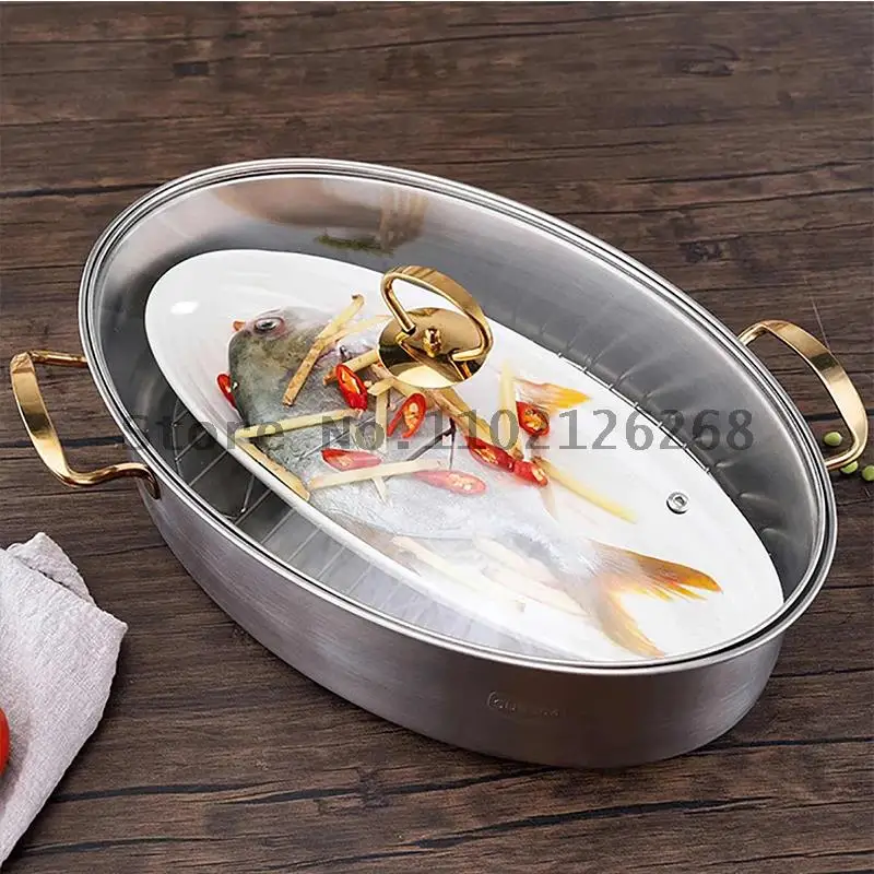 304 Stainless Steel Fish Steamer Household Fish Steamer Thickened 38cm One Layer Elliptical Steam Cooker Electromagnetic Cooker