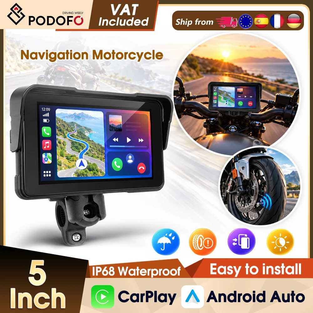 Podofo 5-Zoll-High-Definition-Großbildschirm-Moto-Navigationssystem mit Carplay, tragbarer Smart-Player, unterstützt Android Auto, IP68 wasserdicht, kabelloses Carplay, Android Auto,