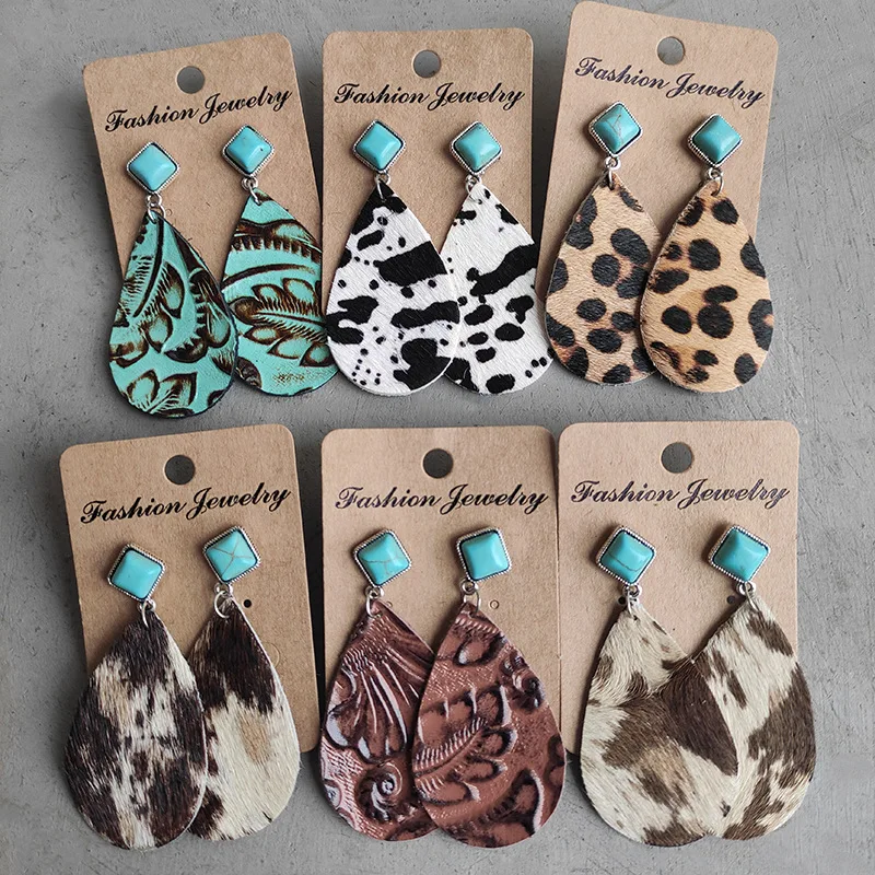 Wholesale Fashion Leopard Print Horsehair Cowhide Earrings Bohemian Cow Retro Embossed Leather Water Drop Turquoise Earrings