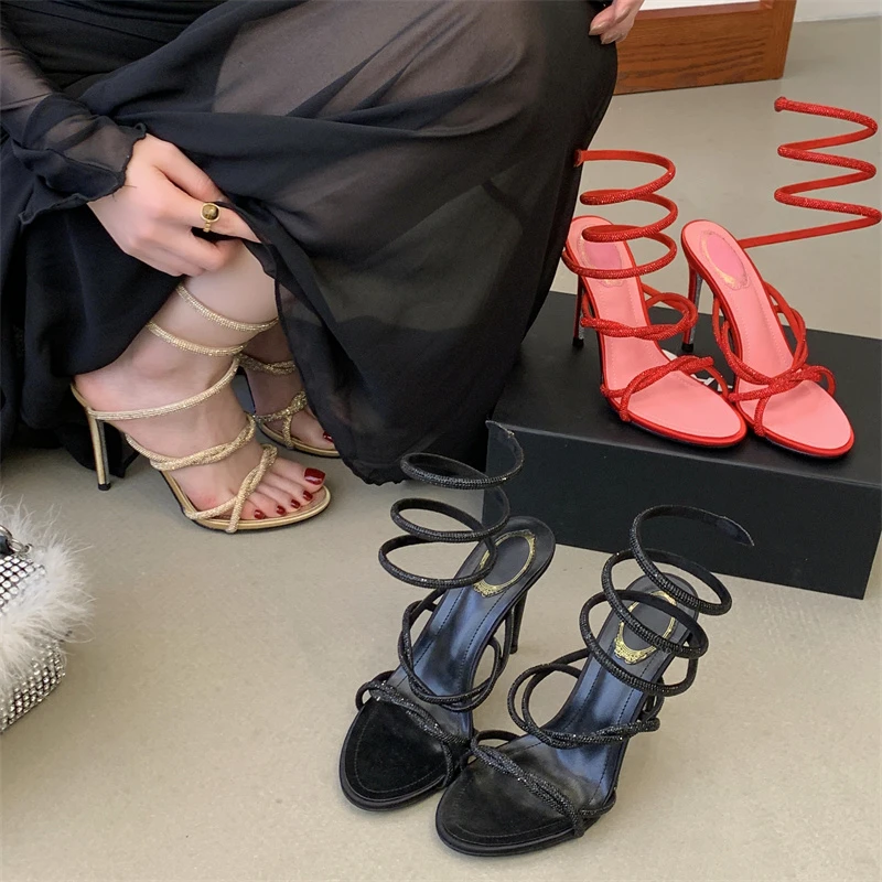 Aneikeh 2026 Summer Luxury Rhinestones Snake Coiled Ankle Strap Stiletto Heeled Women Gladiator Sandals Party Banquet Prom Shoes