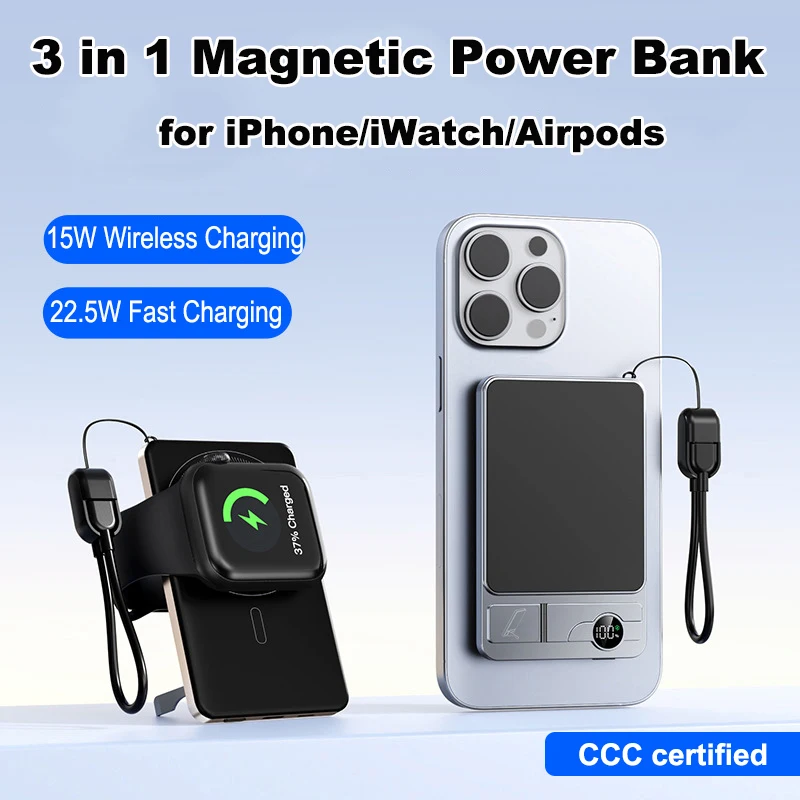 Power Bank sottile 3 in 1 per batteria esterna portatile Magsafe wireless magnetica da 20 W a ricarica rapida per iPhone 17 16 iWatch Airpods