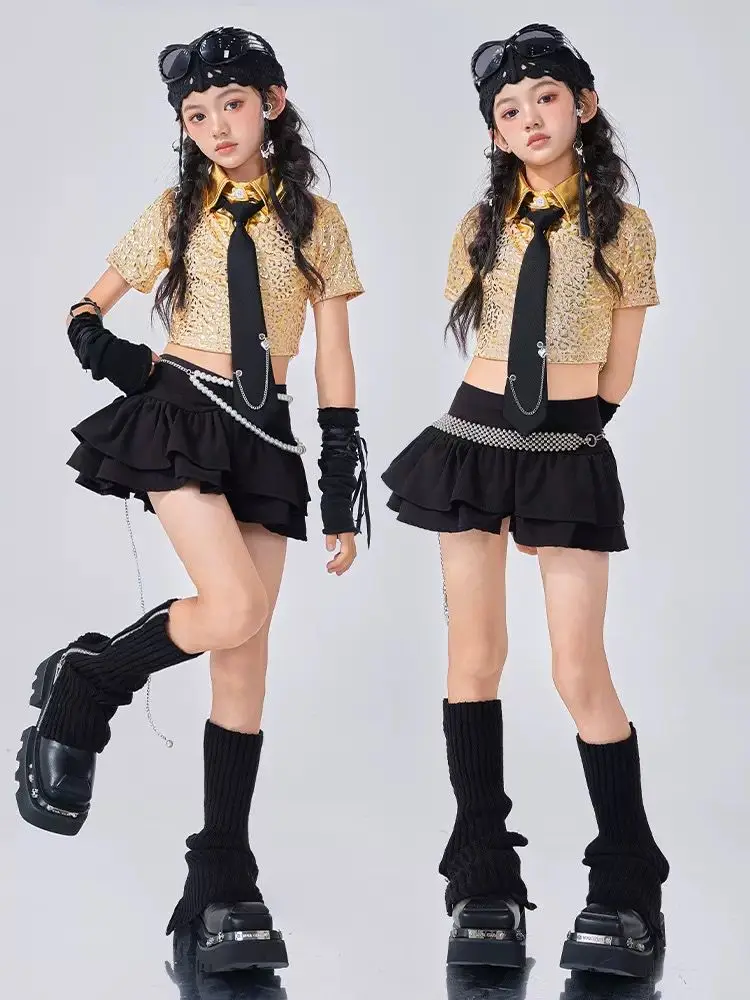 

Летний танцевальный костюм для детей, укороченный топ и шорты из 2 предметов для девочек, наряд в стиле хип-хоп с блестками, детская одежда для девочек 5-14 лет