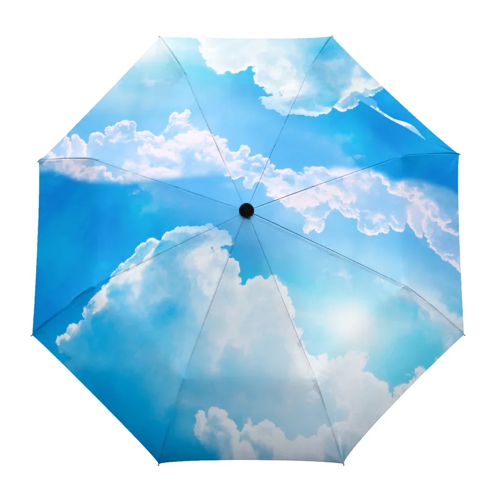 Blue Sky White Cloud Non Automatic Umbrella Men Women Rain Windproof Outdoor Travel Sun Three Folding Umbrellas Gift Parasol