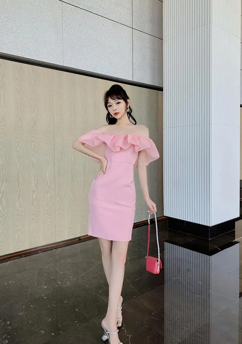 

Summer new women's clothing ladies sweet ruffled one-shoulder off-shoulder dress hip dress