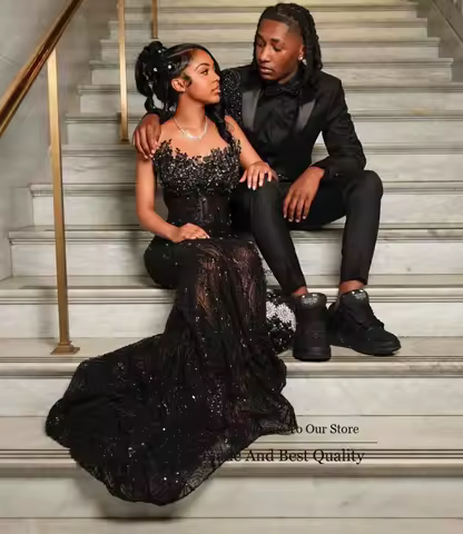 Shiny Sequins Lace Mermaid Prom Dress With Crystals Rhinestones Diamond Evening Gown Customized Aso Ebi Wedding Party Gala Dress