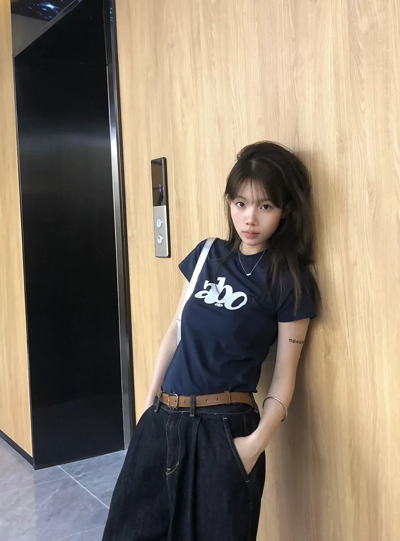 Slim Fit Hip Hop Women's T-shirt Summer Casual Versatile Top Korean Sle Blue Color Round Ne Print Women T-shirt Tops
