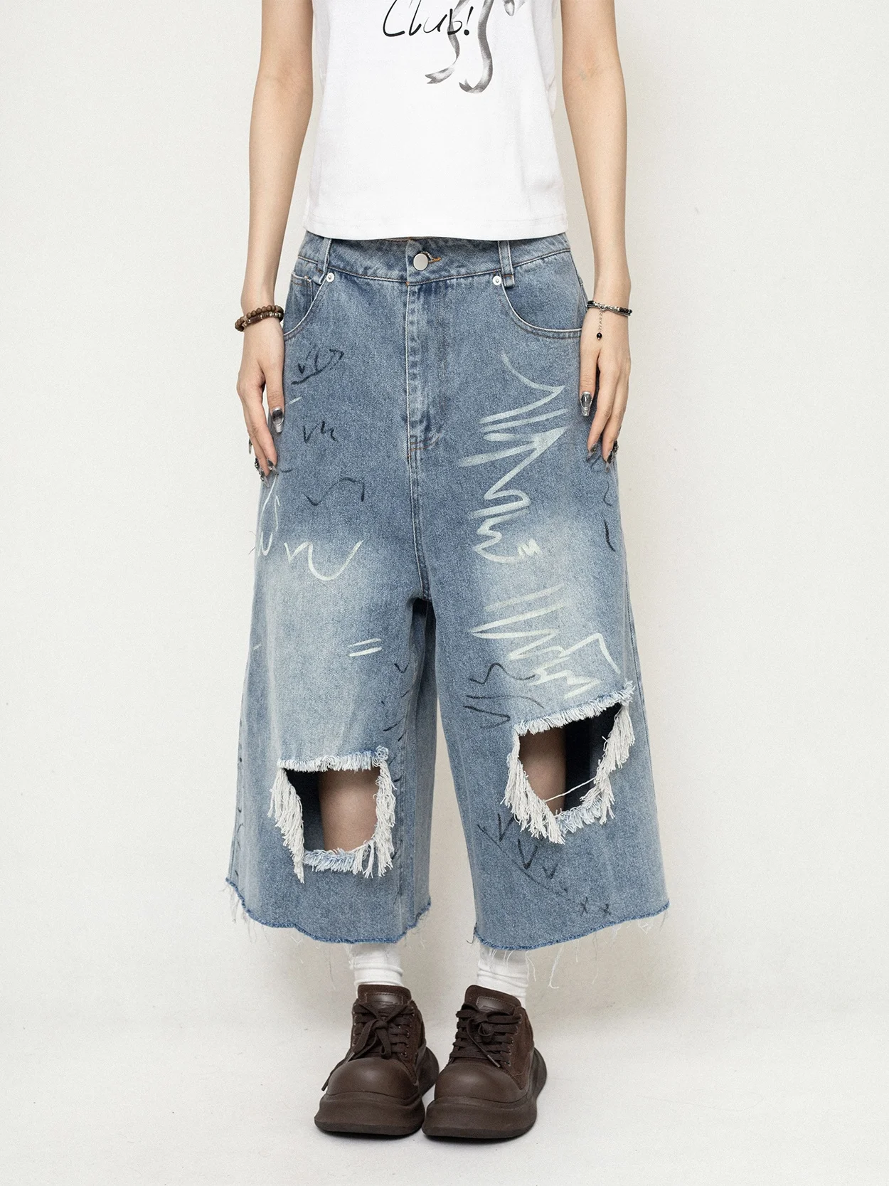 

OCTTFLAB Distred Denim Seven-quarter Pants American fiti Wide-leg Jeans orts ex High-waisted Blue Denim