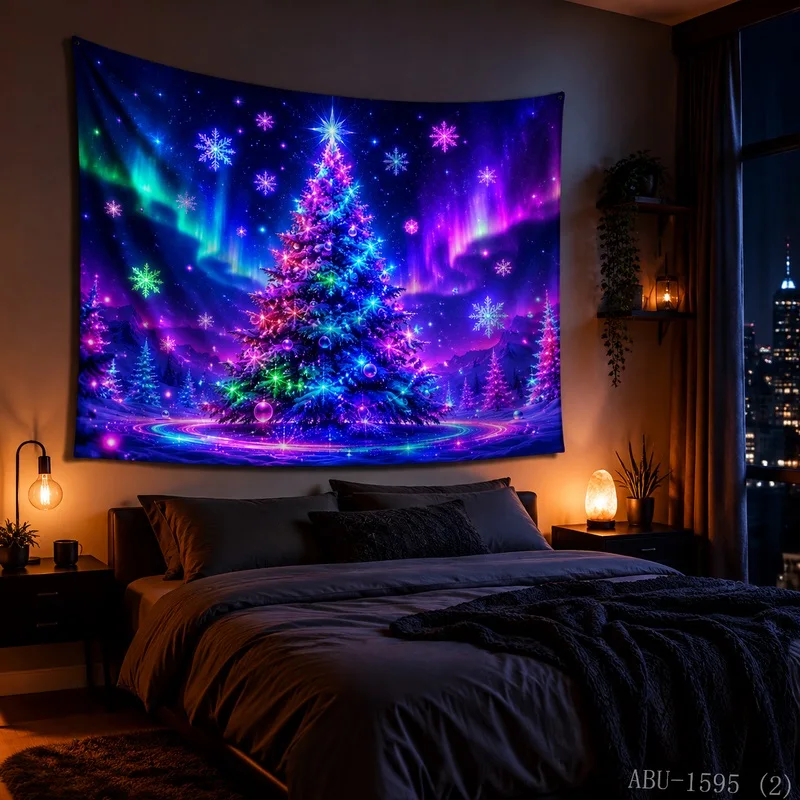 VIKAMA Christmas Tree Blacklight Glow Tapestry Wall Hanging, Bright HD Print, Wall Art for Bedroom Dorm Party Game Room Decor
