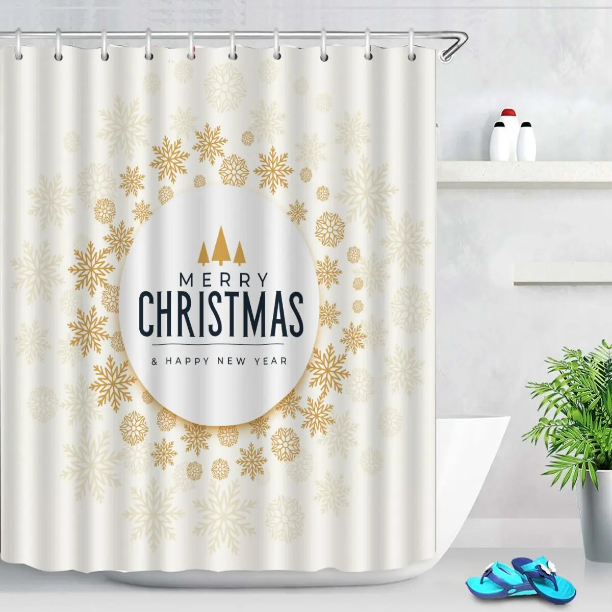 Christmas Balloon Bathroom Curtains Gold Snowflake Elk Shower Curtains Bathroom Polyester Waterproof Christmas Decor Curtains