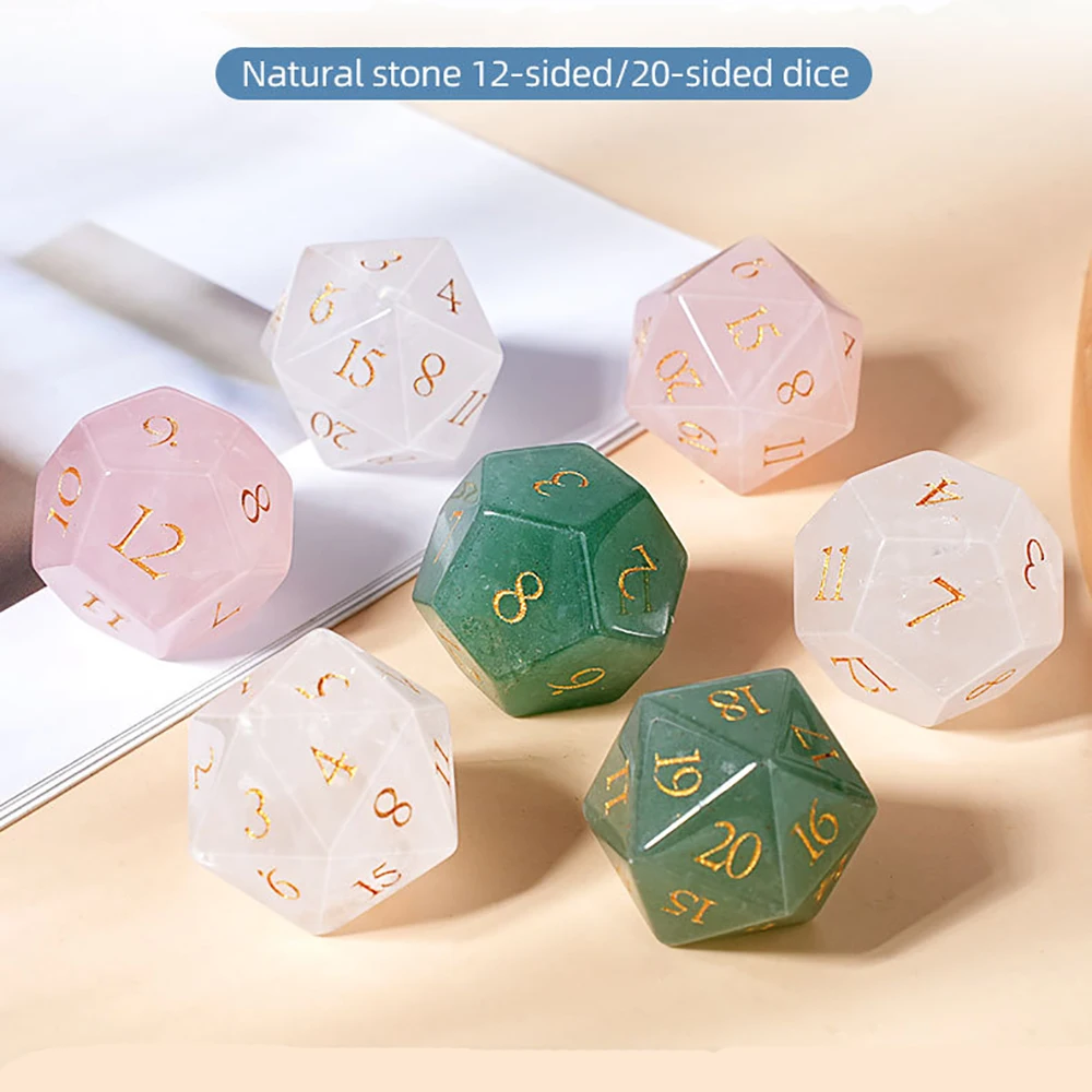 12/20 Sided Natural Stone Game Dice Healing Crystals Golden Numbers Engraved D12 D20 Polished Gemstone Dices for Tabletop Games