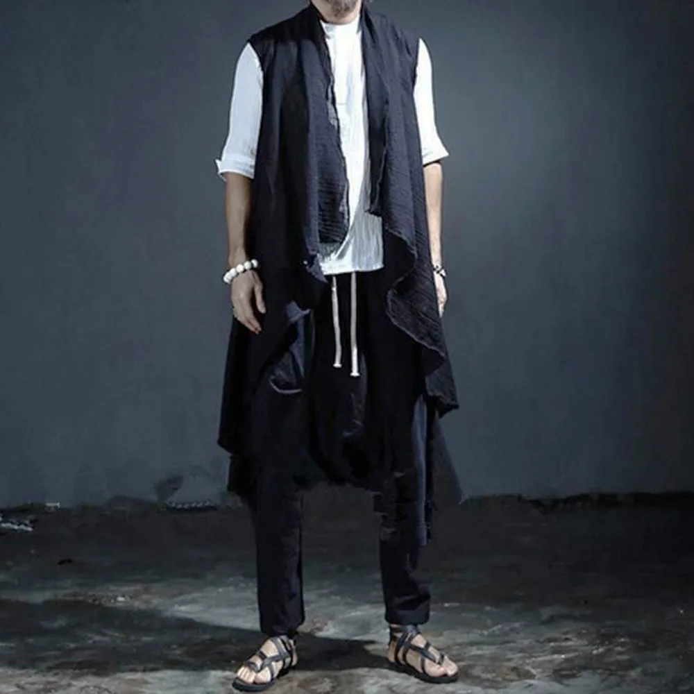 Men Nightclub Hip Hop Punk Rock Long Vest Japanese Irregular Cape Sleeveless Cloak Gothic Sleeveless Cardigan Colete Masculino