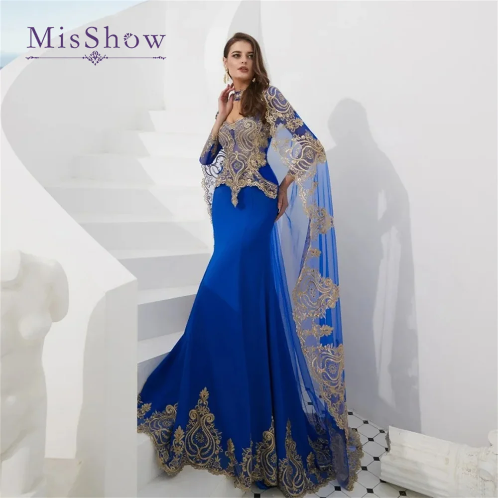 MisShow Gold Embroidery Mermaid Evening Dresses with Detachable Cape Long Sleeve Tulle Arabic Formal Prom Party Gowns Women