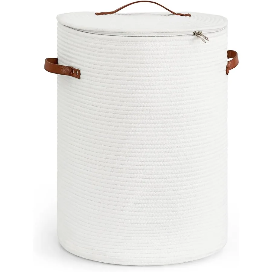 Tall Laundry Basket with Lid for Nursery and Home Use: White Cotton Rope Storage Basket Ideal for Storing Clothes Blankets Toys