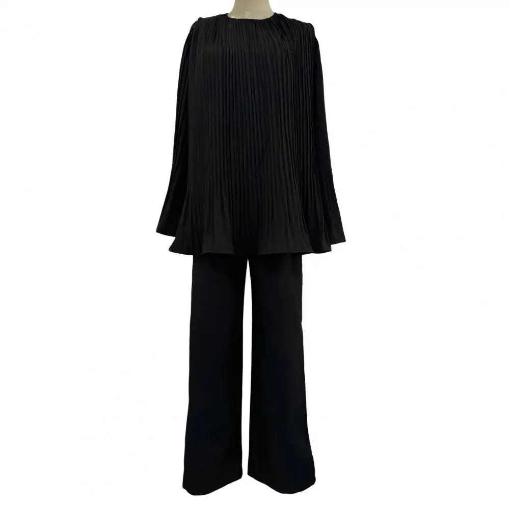 Solid Color Trousers Set Elegant Pleated Horn Sleeves Top Wide Leg Trousers Set with Lace-up Bow Detail Women's for Commuting