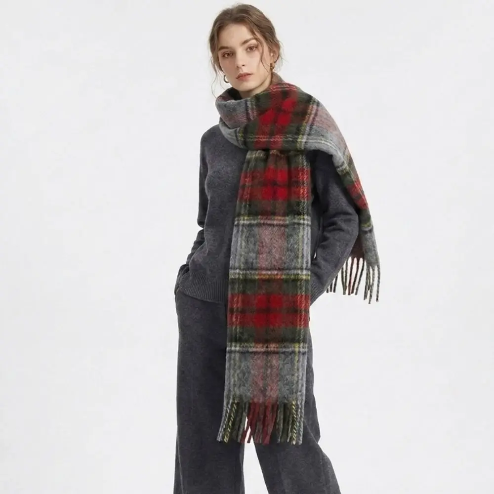 Elegant Long Plaid Scarf Plush Retro Tassel Shawl Imitation Cashmere Preppy Warm Wraps Student